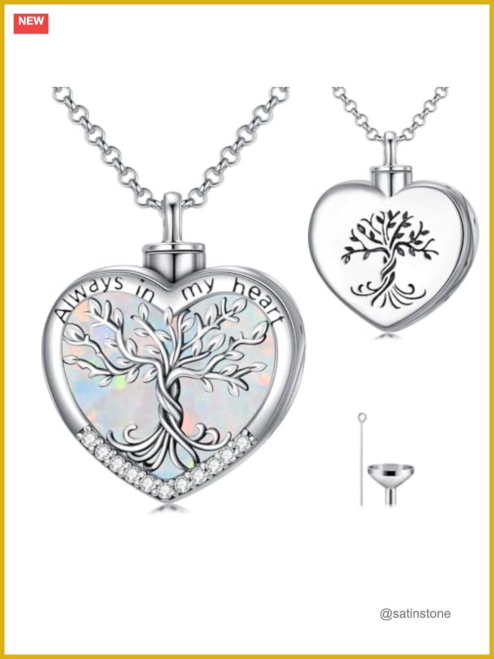 925 Sterling Silver Tree of Life Urn Necklace Heart Opal Cremation Jewelry